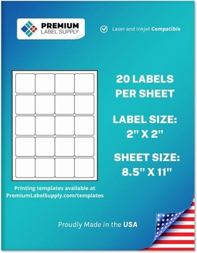 Premium Label Supply White Sticker Square Labels – 2" x 2" – Laser/Inkjet Compatible – (20 per Sheet), 100 Sheets – 2000 Total Adhesive Labels