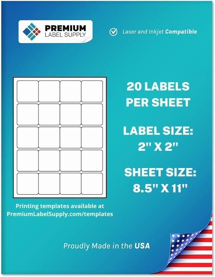 Premium Label Supply White Sticker Square Labels – 2" x 2" – Laser/Inkjet Compatible – (20 per Sheet), 100 Sheets – 2000 Total Adhesive Labels