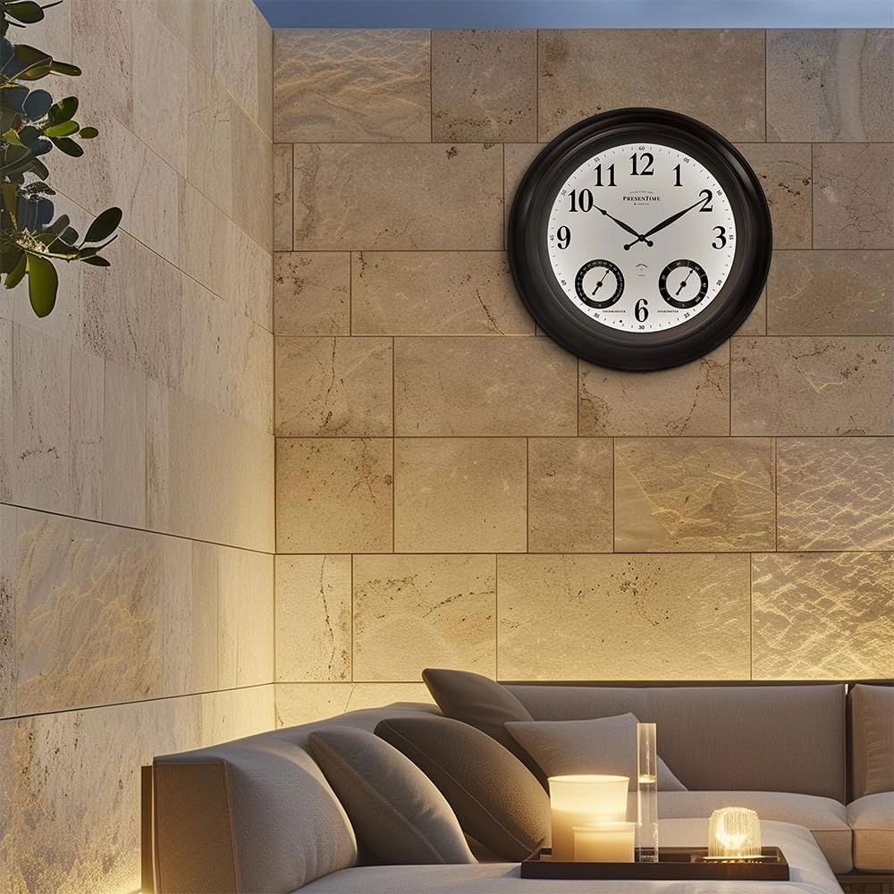 PresenTime & Co 24" Jameson Illuminated In/Outdoor Clock, Modern Farmhouse, Self-Illuminated, Waterproof, Weather Station (Thermometer & Hygrometer), Metal Clock, Oil Rubbed Bronze Finish(Night Light)