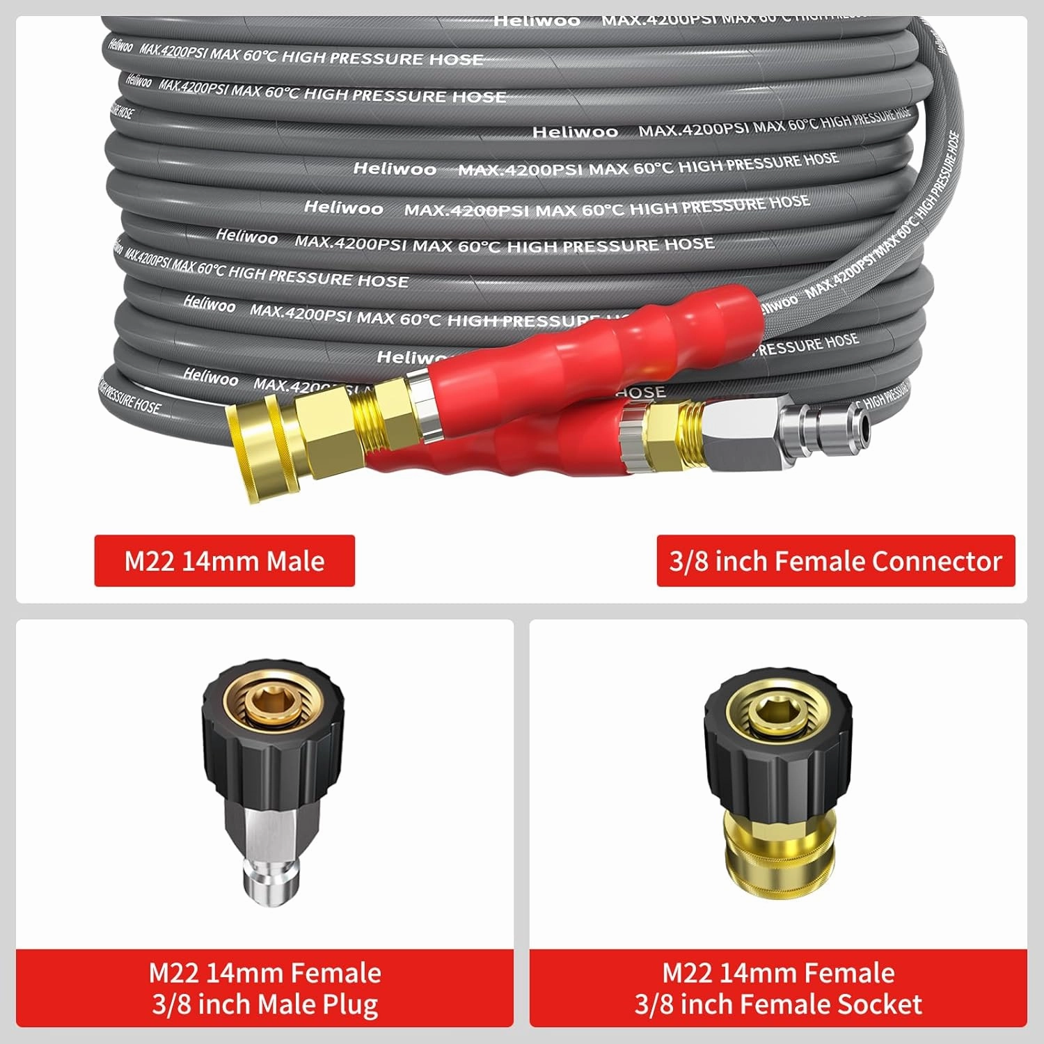 Pressure Washer Hose 25FT, 4200PSI High Tensile Wire Braid Kink Resistant Power Washer Extension Hose, 1/4'' Flexible Replacement Hose with M22-14mm Brass Swivel Thread and 3/8 Quick Connect
