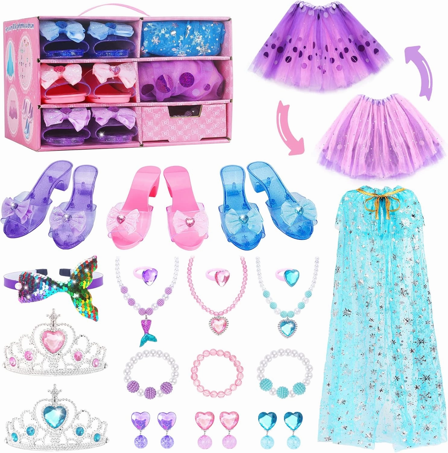 Princess Dress Up for Girls, Dress Up Clothes for Girls with Princess Shoes, Tutu, Cloak, Crown, Jewelry, Princess Toys for Girls Gifts 3,4,5,6 Year Old