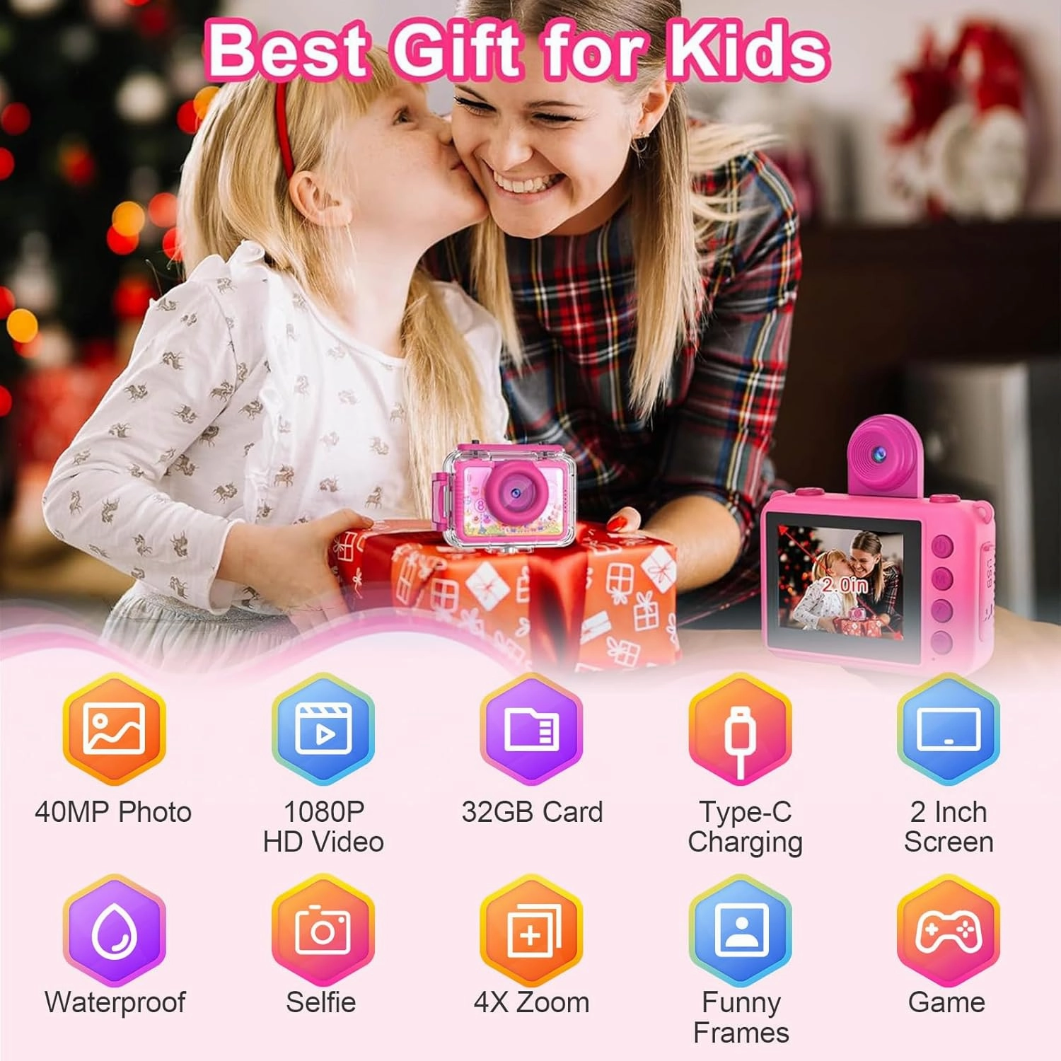 PROGRACE Kids Digital Waterproof Camera - 2024 Upgrade Underwater Camera Birthday Gifts for Girls Children Action Cameras with 32GB SD Card, Pool Toys for Kids Age 4 5 6 7 8 9 10 12 Rose Red