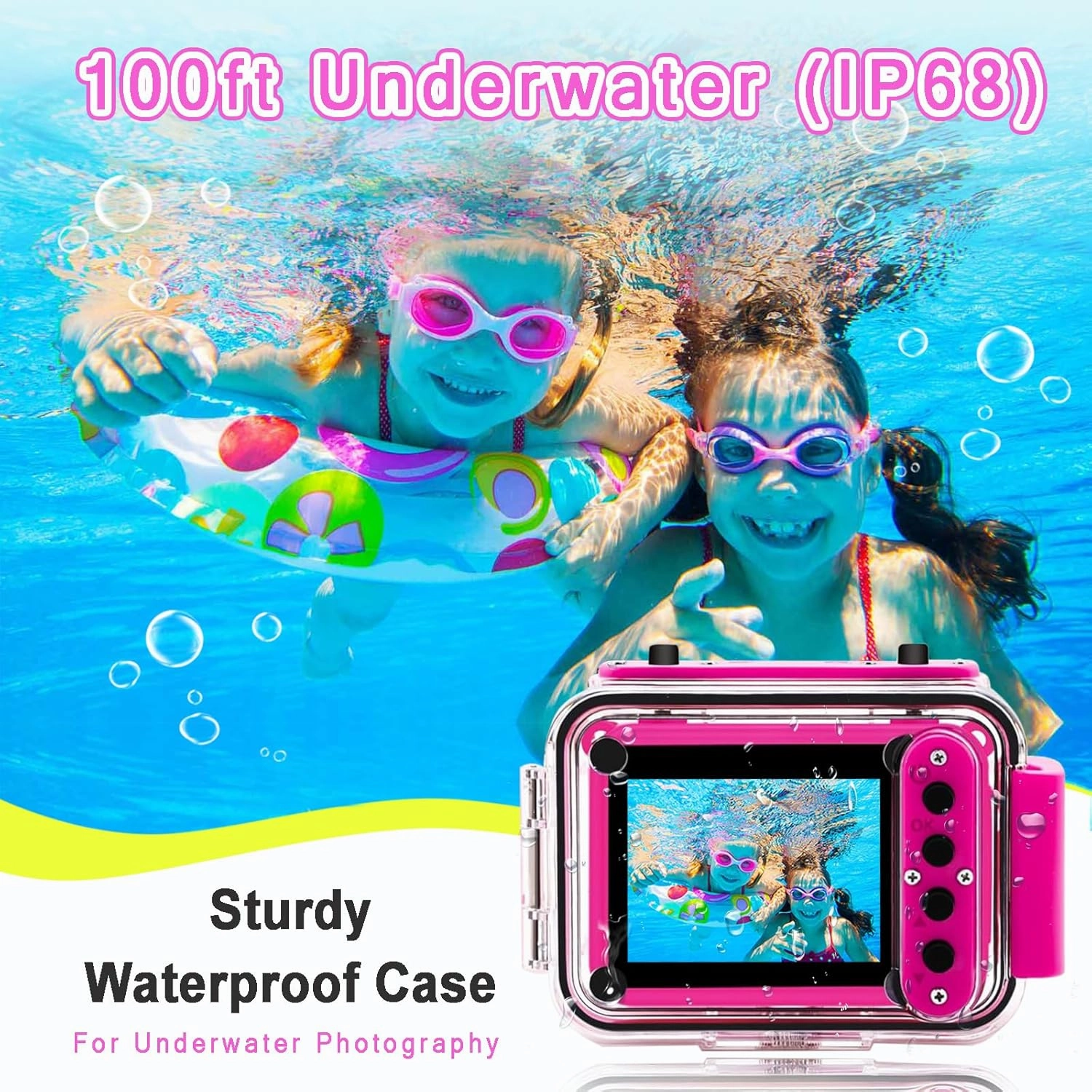 PROGRACE Kids Digital Waterproof Camera - 2024 Upgrade Underwater Camera Birthday Gifts for Girls Children Action Cameras with 32GB SD Card, Pool Toys for Kids Age 4 5 6 7 8 9 10 12 Rose Red