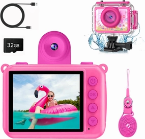PROGRACE Kids Digital Waterproof Camera - 2024 Upgrade Underwater Camera Birthday Gifts for Girls Children Action Cameras with 32GB SD Card, Pool Toys for Kids Age 4 5 6 7 8 9 10 12 Rose Red