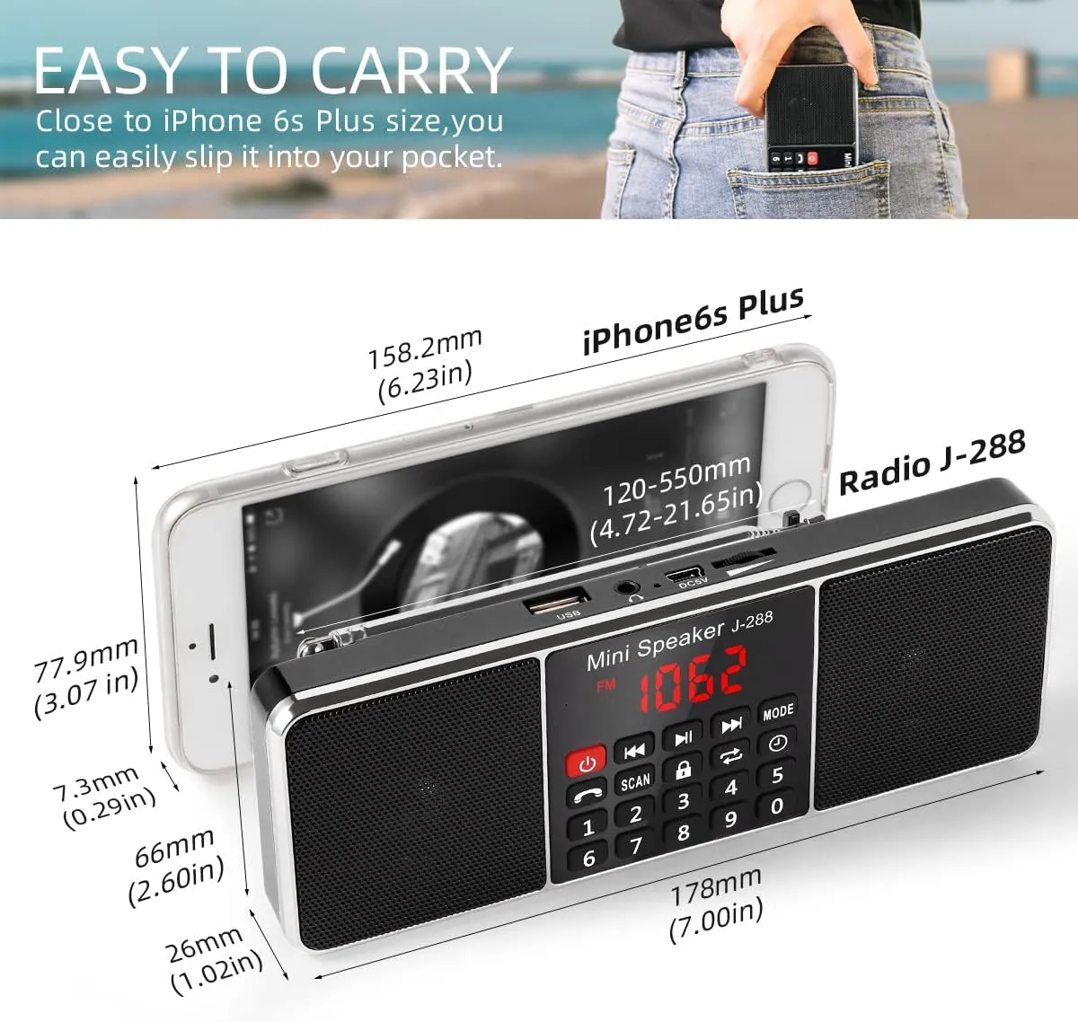 PRUNUS J-288 Portable Radio AM FM Radio with Bluetooth Speaker, Sleep Timer, Power-Saving Display, Ultra-Long Antenna, AUX Input & USB Disk & TF Card MP3 Player, NO Manual Preset