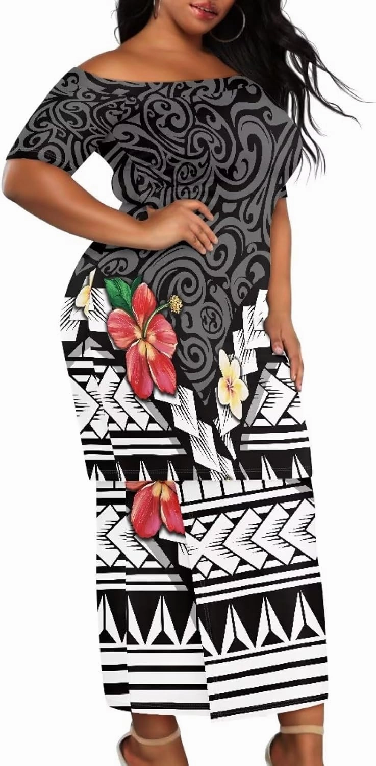 Puletasi Traditional Off Shoulder Dress Plus Size Tops and Skirt Sets
