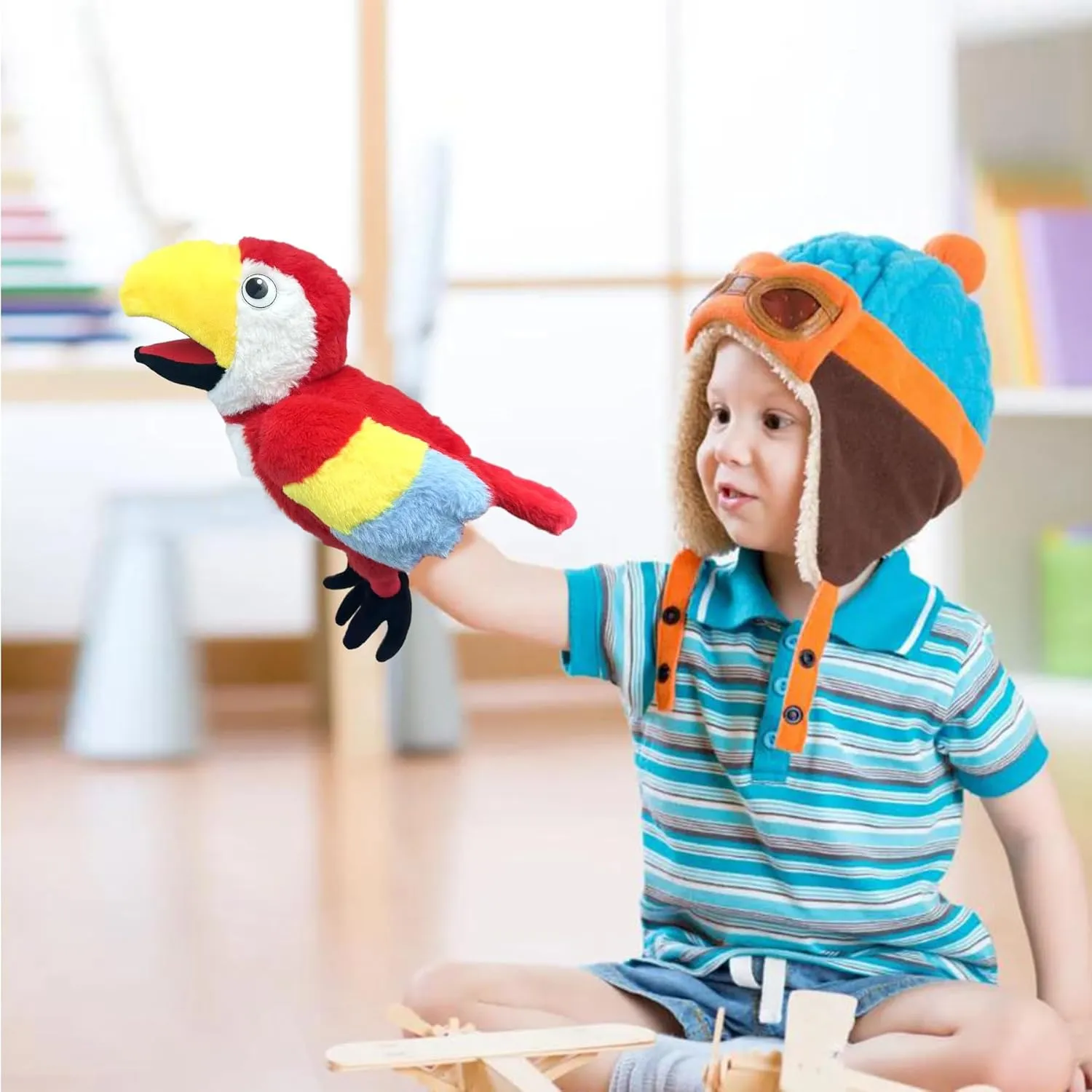 Puppets Parrot Hand Puppet,13.8" Animal Puppets Hand Puppets Bird Stuffed Animal Hand Puppets for Kids with Movable Mouth,Puppet Plush Multi-Color Toys Bird Puppet Role Play Teaching(Red)