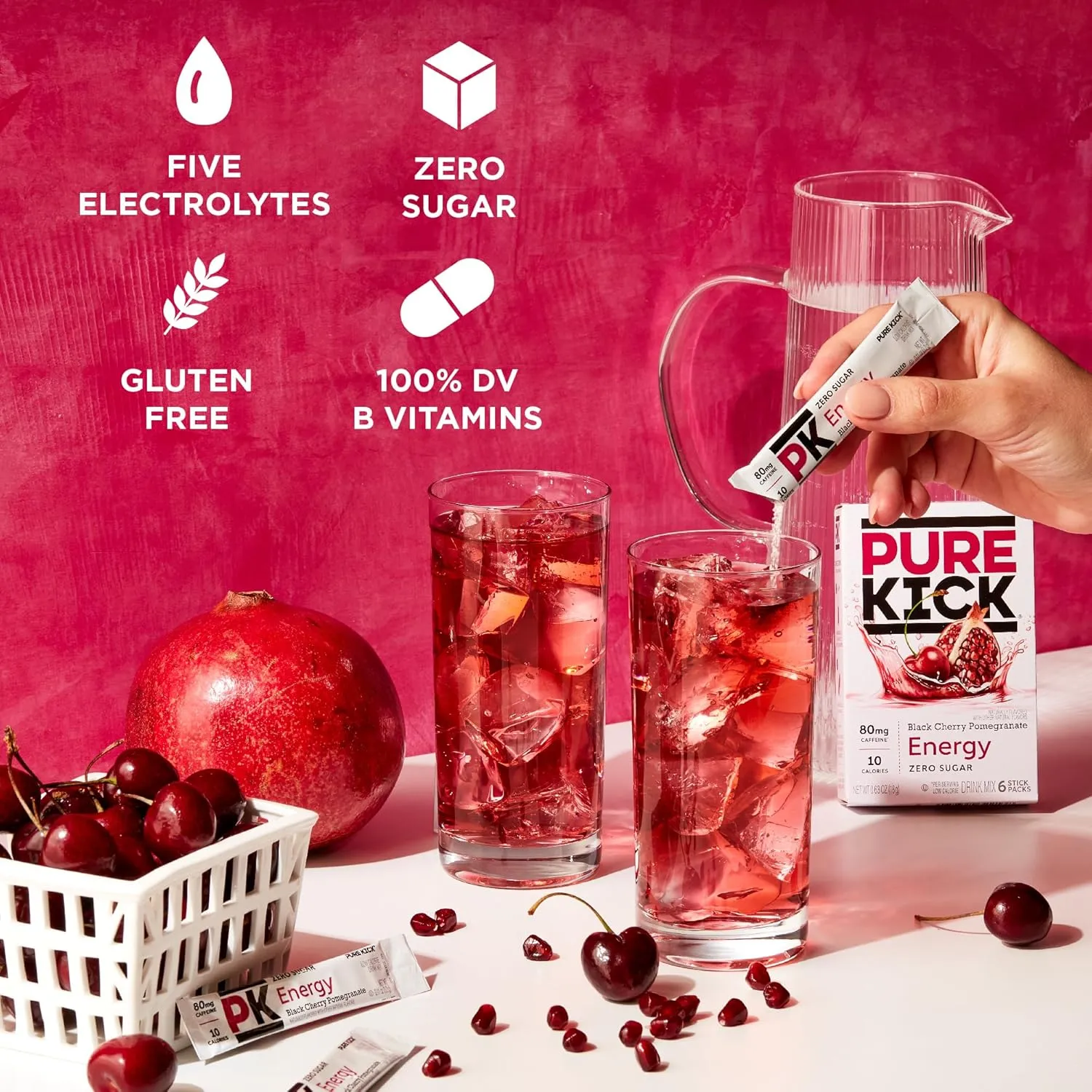 PURE KICK Energy Singles To Go Drink Mix, Black Cherry Pomegranate, Includes 12 Boxes with 6 Packets in each Box, 72 Total Packets