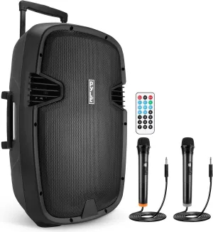Pyle 1600 Watt, 15" Bluetooth PA Speaker-Indoor/Outdoor Portable Sound System with (2) UHF Wireless Microphones Rechargeable Battery, Audio Recording, USB/SD Readers, FM Radio (PPHP1535WMU),Black