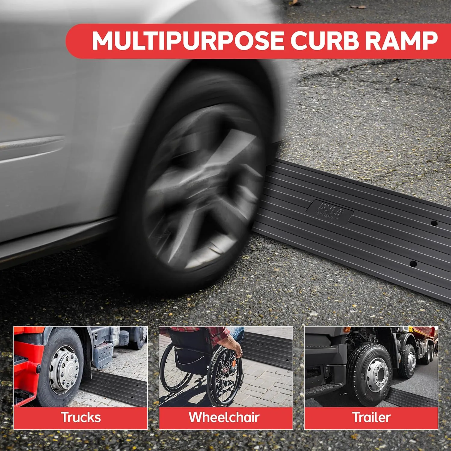 Pyle Car Vehicle Curbside Driveway Ramp - 4ft Heavy Duty Rubber Threshold Bridge Tracks Curb Ramps, 2 Pieces Set (for Car, Truck, Scooter, Bike, Motorcycle, Wheelchair Mobility), Black