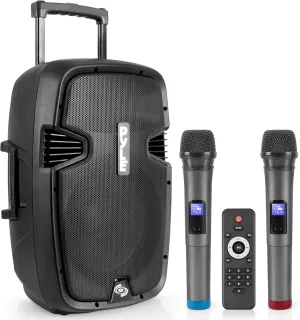 Pyle PPHP1299WU.5 Karaoke Portable PA Speaker System - 1000W Active Powered Wireless Bluetooth Compatible, Outdoor Speaker, Wheels, USB MP3 RCA, 2 UHF Microphone, Remote, Black