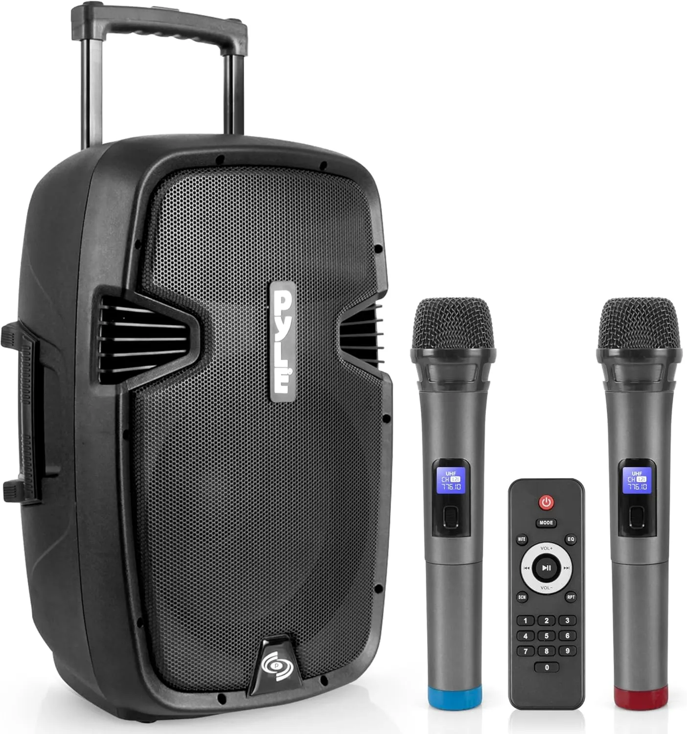 Pyle PPHP1299WU.5 Karaoke Portable PA Speaker System - 1000W Active Powered Wireless Bluetooth Compatible, Outdoor Speaker, Wheels, USB MP3 RCA, 2 UHF Microphone, Remote, Black