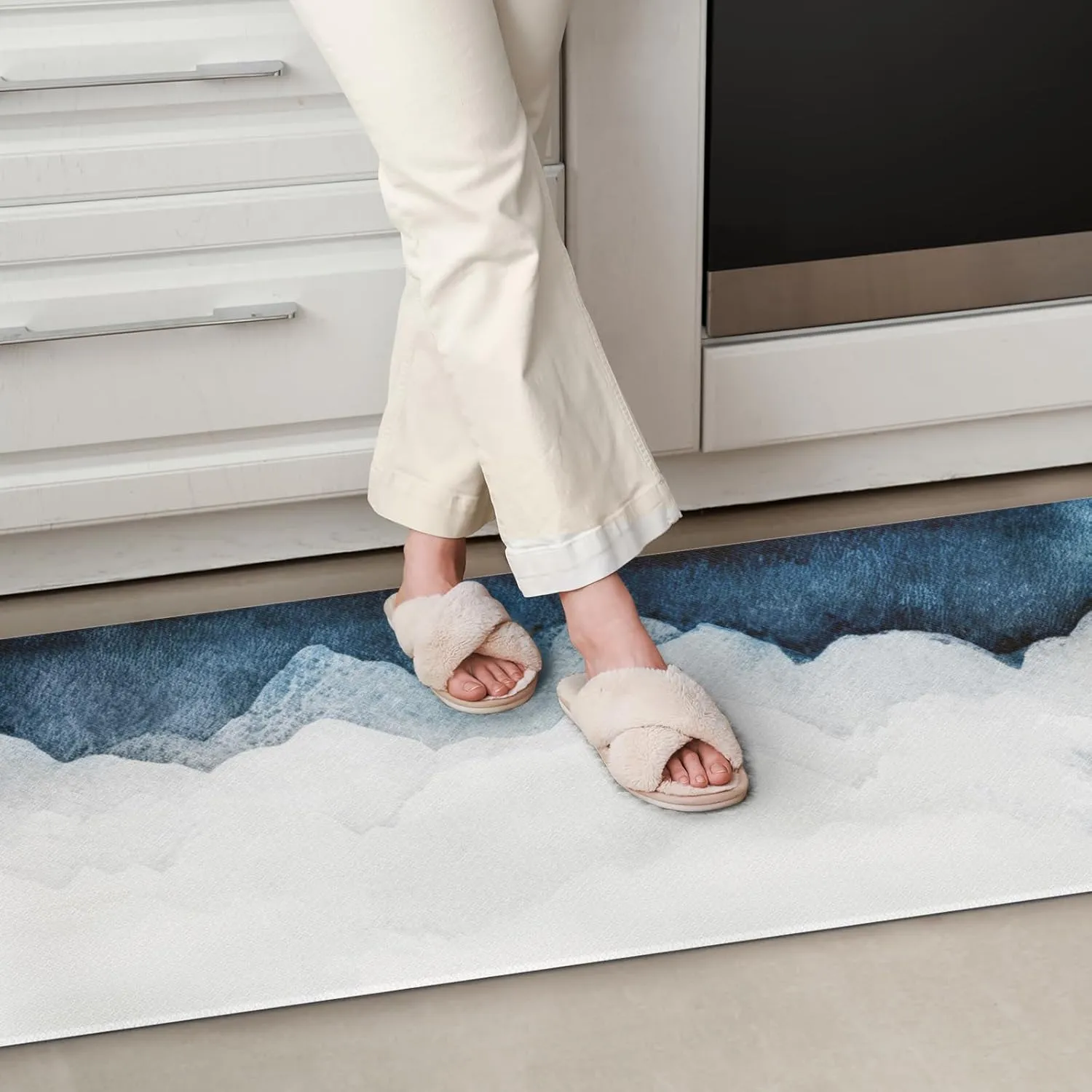 QIYI Kitchen Floor Mat 1 Piece Anti Fatigue Cushioned Runner Rug Leather Waterproof Oil Proof Non Skid Long Laundry Standing Mat Soft Foam Doormat 17" W x 71" L - Blue and White Watercolor Mountain