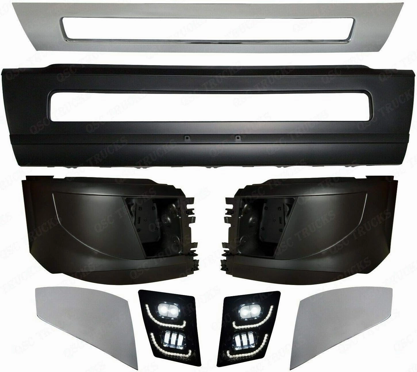 QSC Truck Parts Bumper Set w/Chrome LH RH & Full LED Fog lights compatible with Volvo Truck VNL 2016 & Up