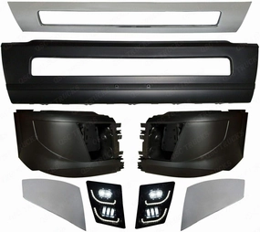 QSC Truck Parts Bumper Set w/Chrome LH RH & Full LED Fog lights compatible with Volvo Truck VNL 2016 & Up