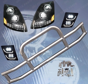 QSC Truck Parts Stainless Steel Deer Guard w/Bracket LED Headlight Fog Lights Set Compatible with Volvo VNL 04-17