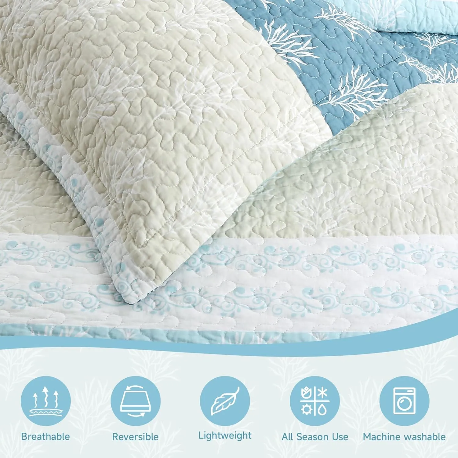 Quilt Set Queen Size - Queen Quilts Bedding Set, 100% Cotton Reversible Luxury Comforter Set, Farmhouse Floral Boho Striped Patchwork Bedspreads Set with Shams for All Season, Blue