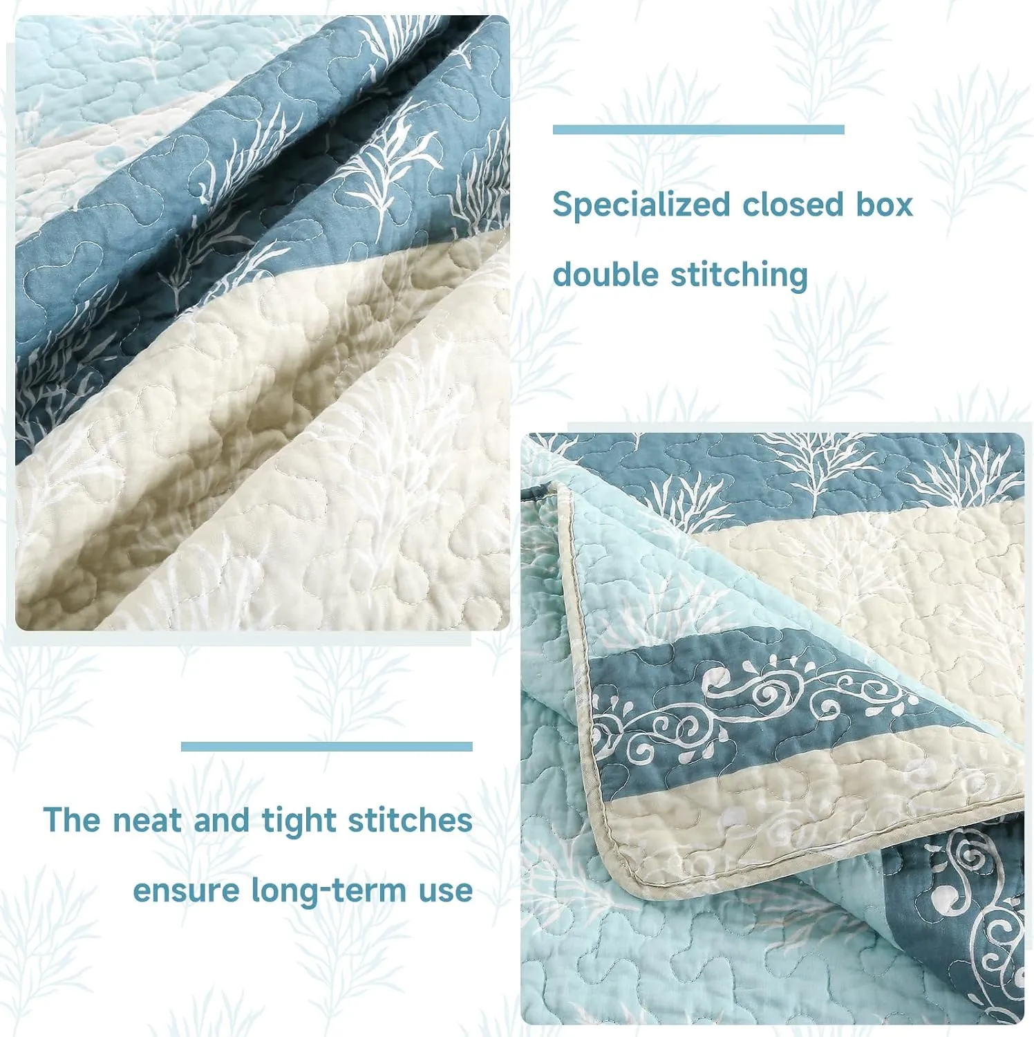 Quilt Set Queen Size - Queen Quilts Bedding Set, 100% Cotton Reversible Luxury Comforter Set, Farmhouse Floral Boho Striped Patchwork Bedspreads Set with Shams for All Season, Blue