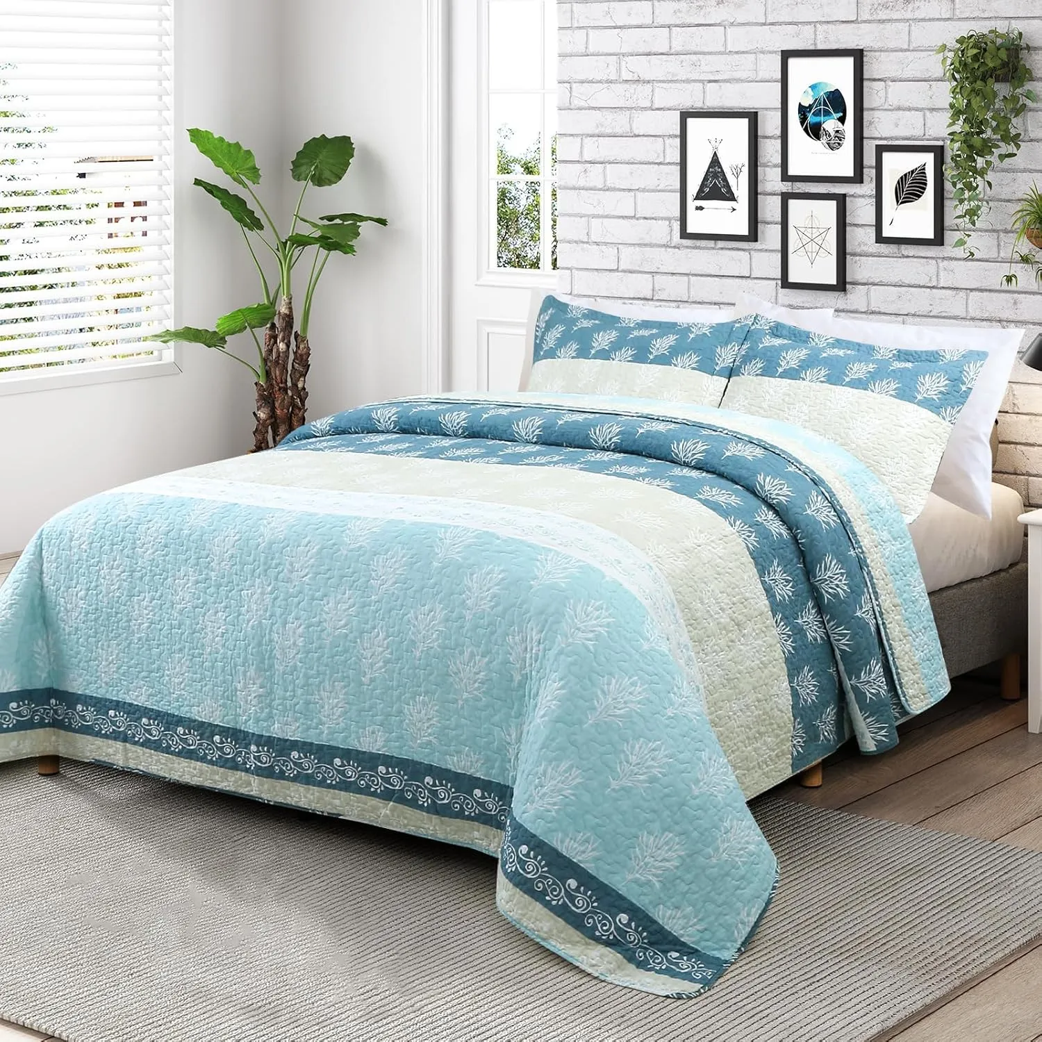 Quilt Set Queen Size - Queen Quilts Bedding Set, 100% Cotton Reversible Luxury Comforter Set, Farmhouse Floral Boho Striped Patchwork Bedspreads Set with Shams for All Season, Blue