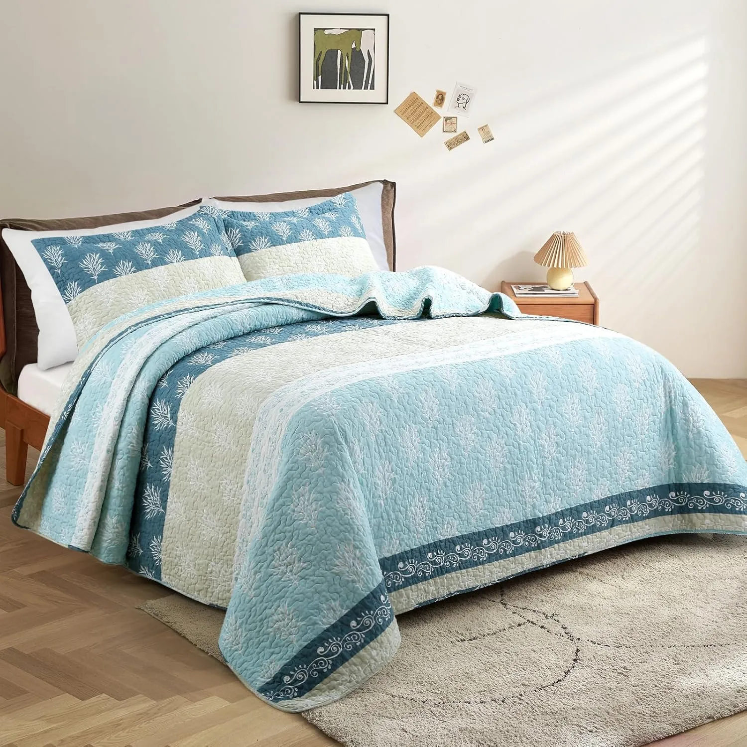 Quilt Set Queen Size - Queen Quilts Bedding Set, 100% Cotton Reversible Luxury Comforter Set, Farmhouse Floral Boho Striped Patchwork Bedspreads Set with Shams for All Season, Blue