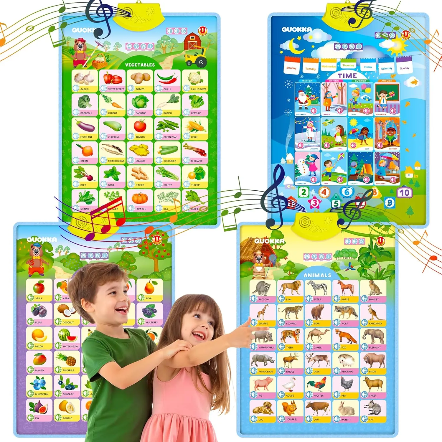 QUOKKA Educational Toys for Kids 5-7 Year Old - Set of 4 Vertical 4 Learning Wall Chart for Toddlers Age 3 4 6  - Interactive Speech Therapy Poster Boy Girl - Autism Puzzle Game 8-10-12