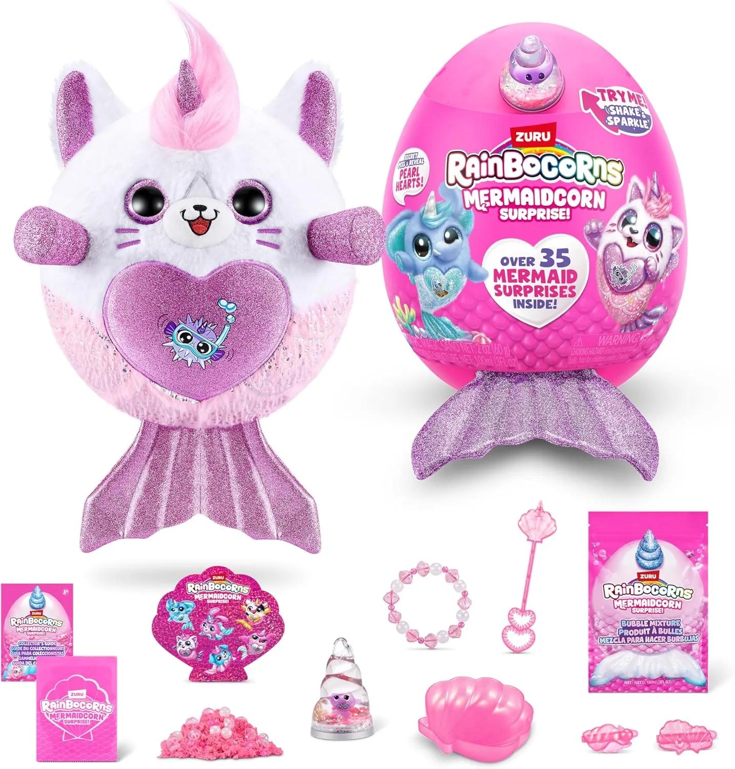 Rainbocorns Mermaidcorn (Kitten) by ZURU, Collectible Plush, Mermaid Surprises, Cuddle Plush Stuffed Animal, Surprise Egg, Stickers, Magic Sands & Bubble Mixture, for Girls 3  Up