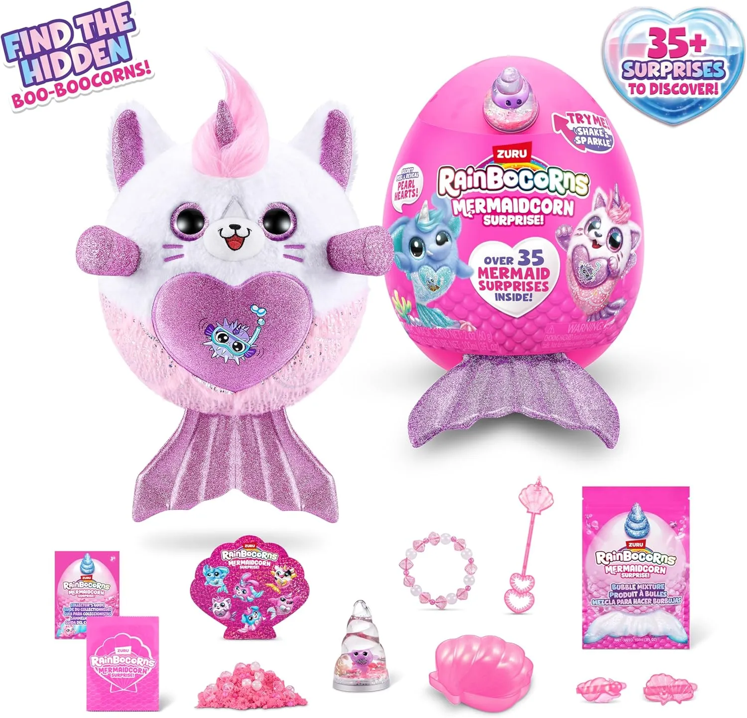 Rainbocorns Mermaidcorn (Kitten) by ZURU, Collectible Plush, Mermaid Surprises, Cuddle Plush Stuffed Animal, Surprise Egg, Stickers, Magic Sands & Bubble Mixture, for Girls 3  Up