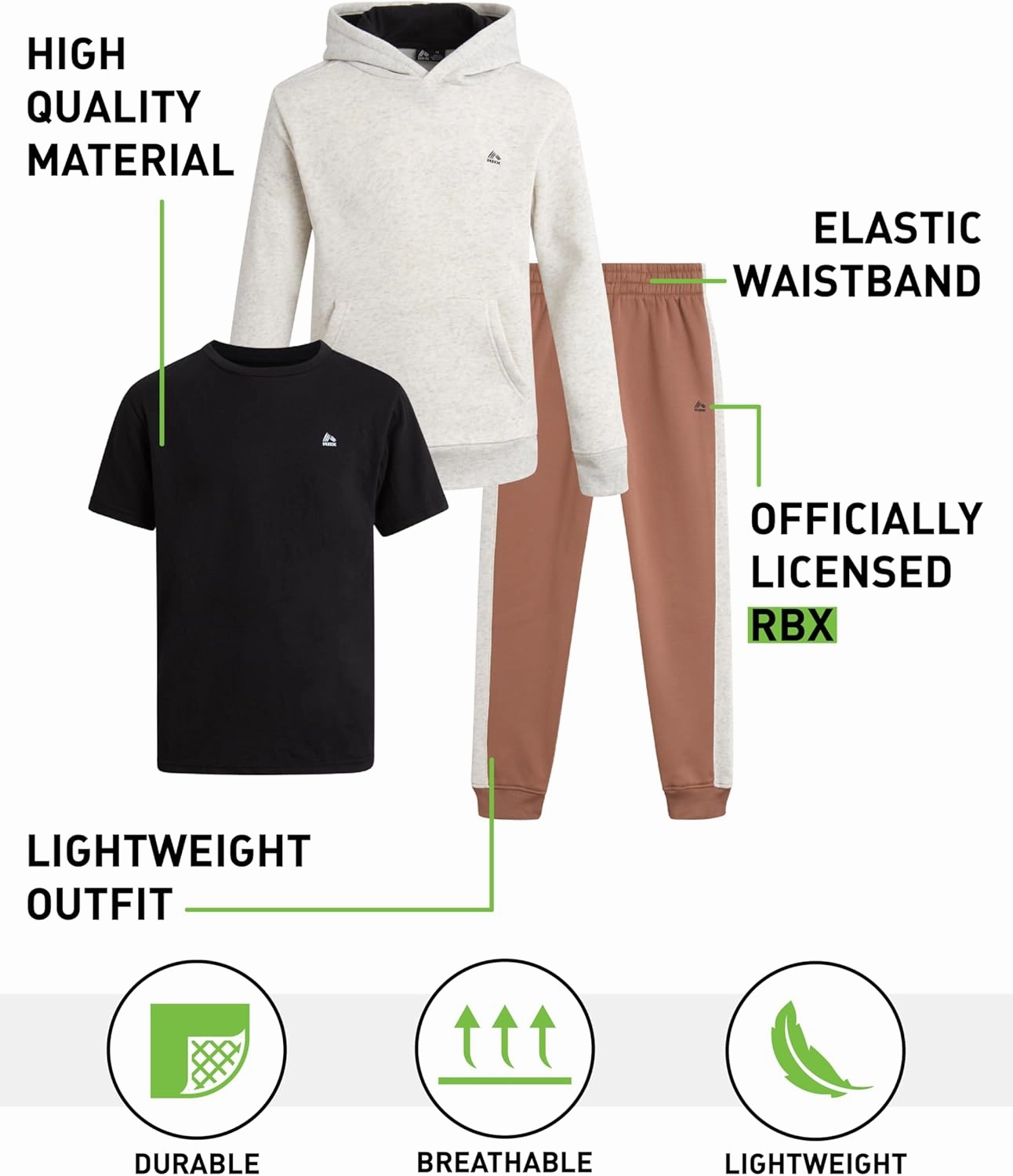 RBX Boys Active Jogger Set - 3 Piece Performance Fleece Sweatshirt, Jogger Sweatpants, T-Shirt - Activewear for Boys (2T-12)