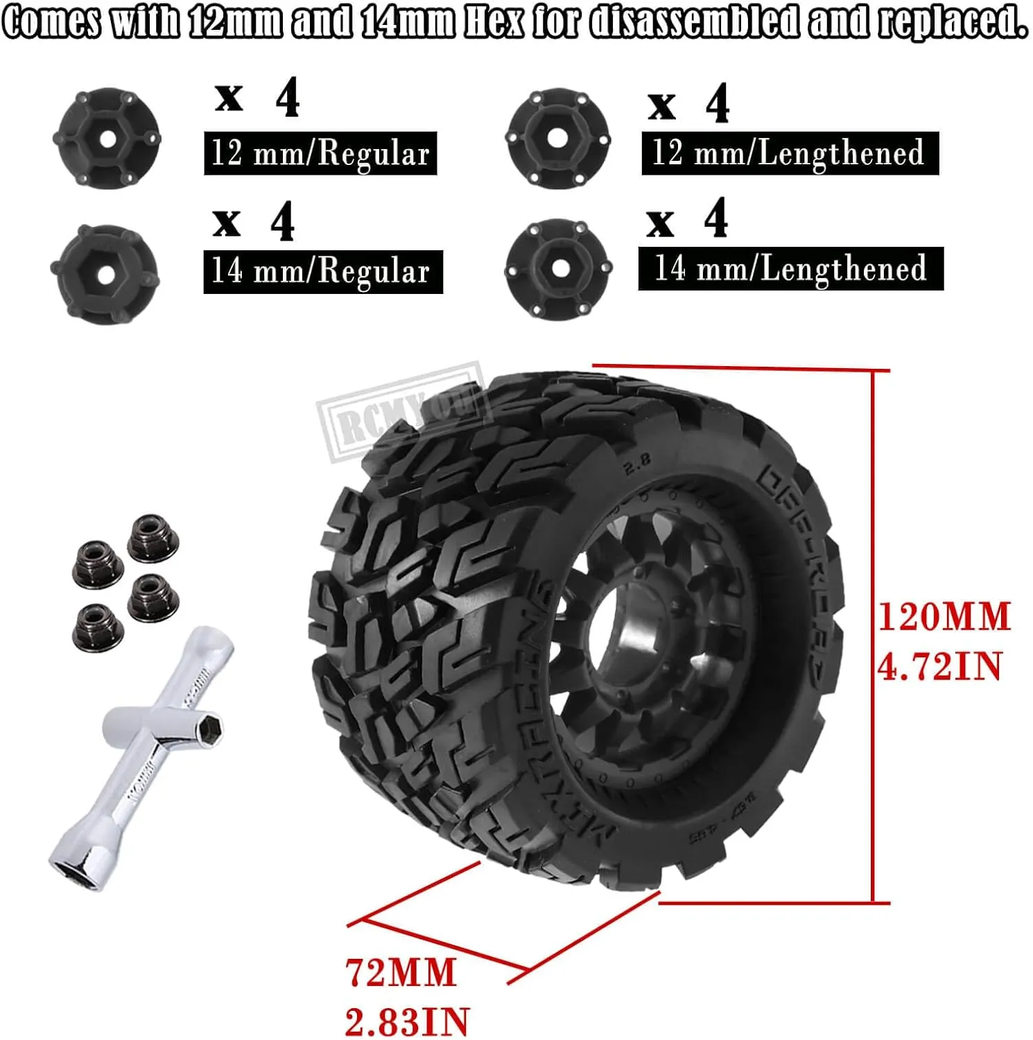 RC Truck Tires Wheel 12mm/14mm Hex for 1/10 Arrma Big Rock Granite Vortek/Stampede Rustler Hoss/Axial Losi Redcat Rc4wd,4-Pack RC Wheels Tires,Black
