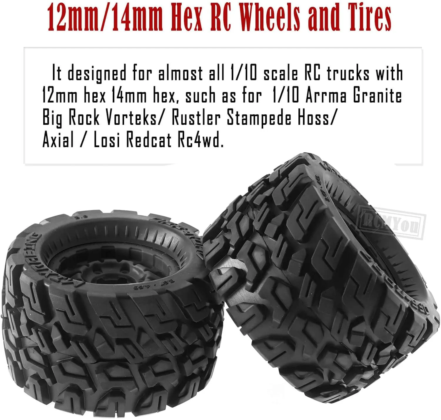 RC Truck Tires Wheel 12mm/14mm Hex for 1/10 Arrma Big Rock Granite Vortek/Stampede Rustler Hoss/Axial Losi Redcat Rc4wd,4-Pack RC Wheels Tires,Black