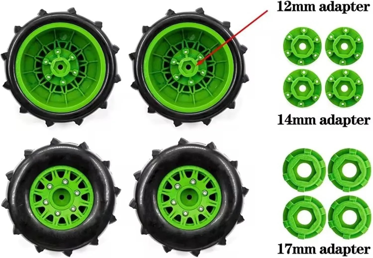 Rc Wheel Rim Tire for Traxx for Slash for Huanqi 727 for E-revo for 1:8 1:10 116mm Tire Rc Car Short Card Sand Tires Upgrade Tire Adapter 12/14/17mm(Green)