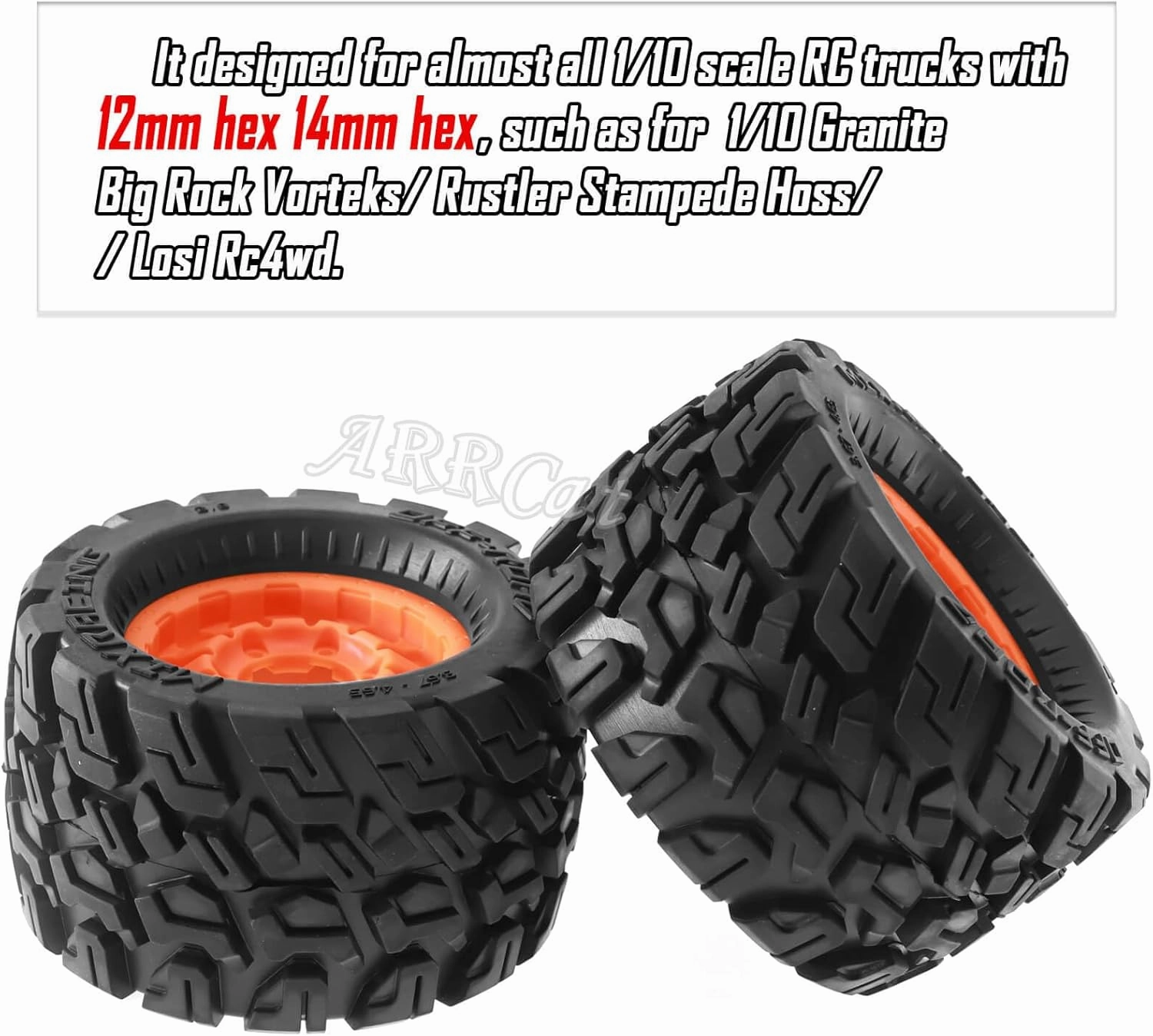 RC Truck Tires Wheel for 1/10 Big Rock Granite Vortek/Stampede Rustler Hoss/Losi Rc4wd,ARRCat RC Wheels Tires 12mm/14mm Hex,Orange