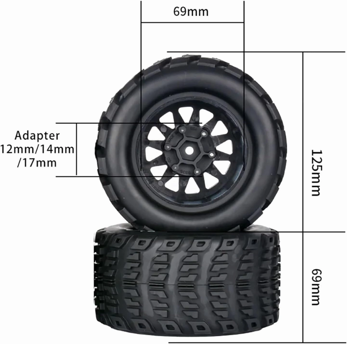 Rc Wheel Rim Tire for 1/10 RC for Model Car for Monster Truck Retrofit Accessories Tires Wheels 4PCS Replaceable Adapter 12mm 14mm(C)