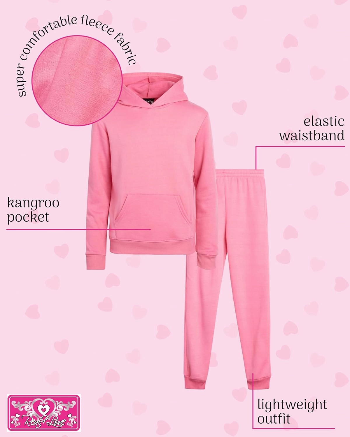 Real Love Girls' Jogger Set - 2 Piece Basic Fleece Pullover Hoodie and Sweatpants (7-16)