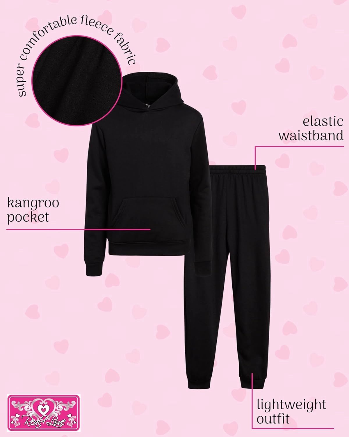 Real Love Girls' Jogger Set - 2 Piece Basic Fleece Pullover Hoodie and Sweatpants (7-16)