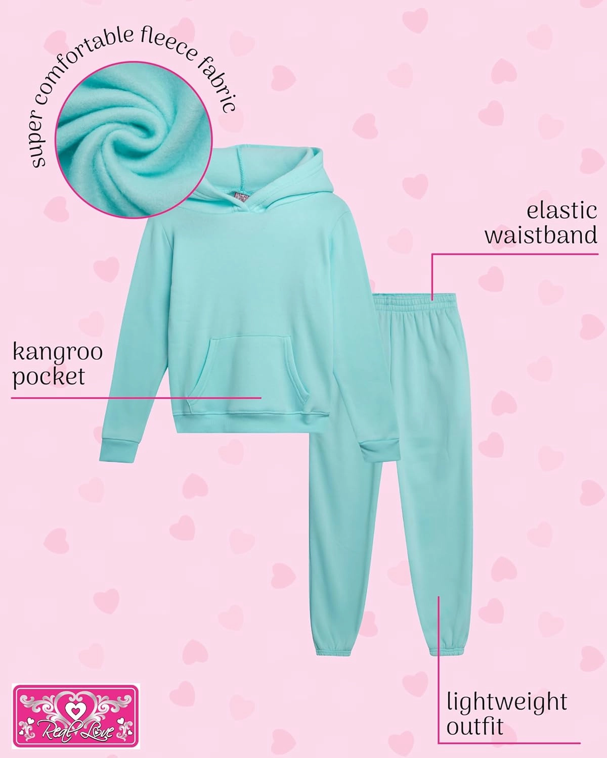 Real Love Girls' Jogger Set - 2 Piece Basic Fleece Pullover Hoodie and Sweatpants (7-16)