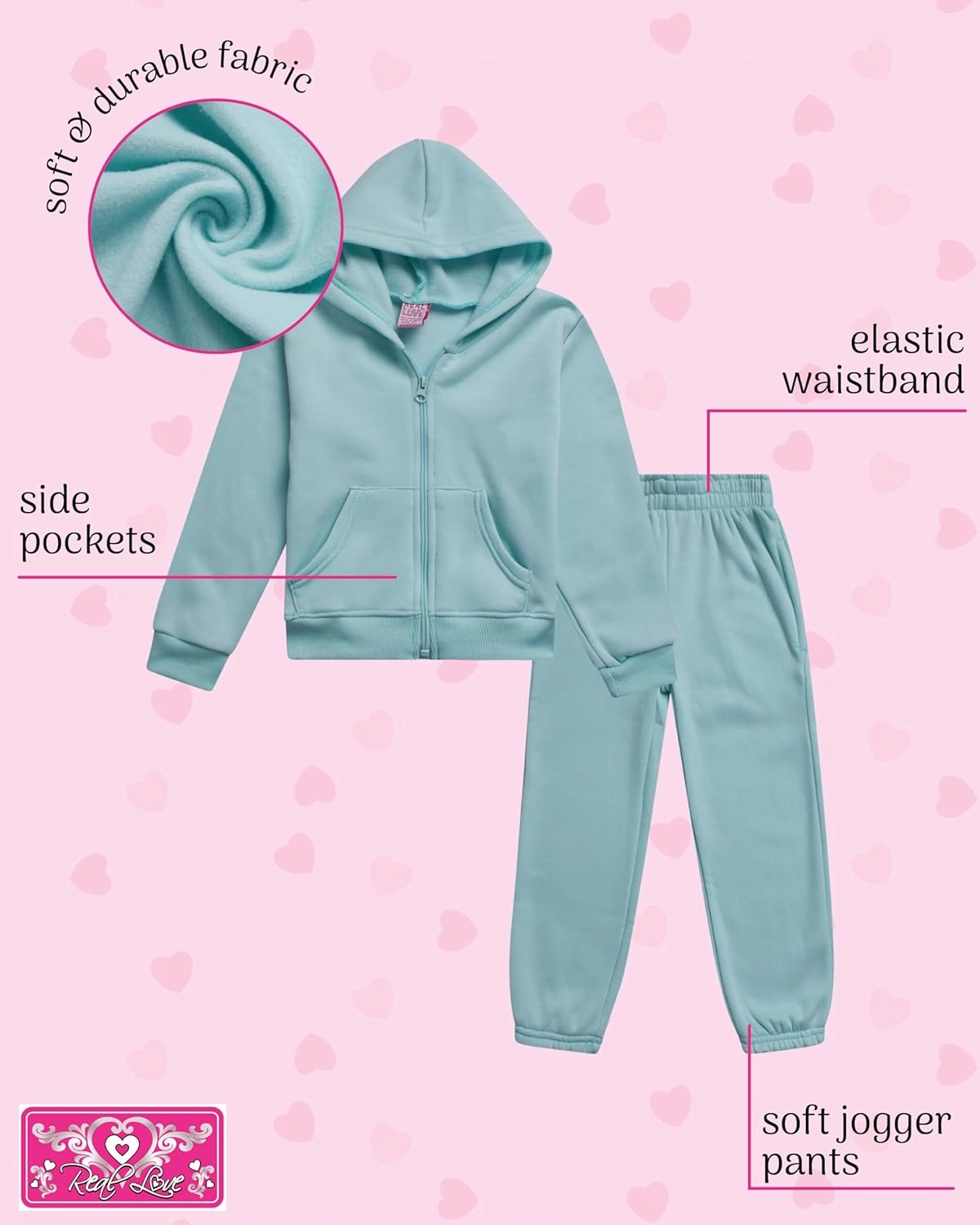 Real Love Girls' Sweatsuit Set - 2 Piece Basic Fleece Hoodie Sweatshirt and Jogger Sweatpants for Toddlers and Girls (2T-6X)