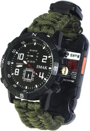 Rechargeable Sports Wrist Watch - Men's Multifunction Outdoor Survival Bracelet Emergency Wristband First Aid Tools with Paracord Multi-Lights Compass Whistle Thermometer Mirror Sim Pin