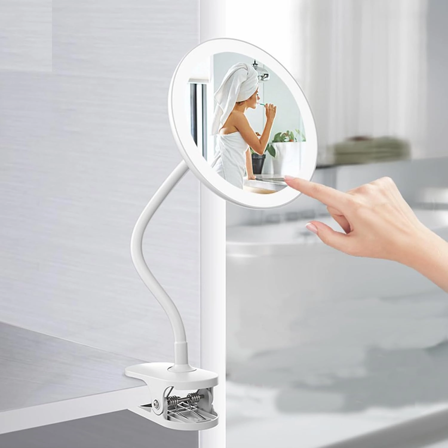 Rechargeable Clip-On Makeup Mirror with Lights – Flexible Gooseneck Vanity Mirror for Desk, Bathroom & Travel – LED Magnifying Mirror with Adjustable Brightness,10X,White