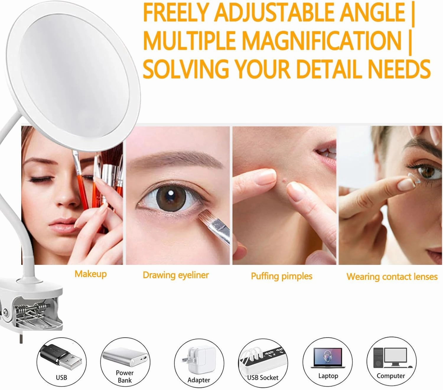 Rechargeable Clip-On Makeup Mirror with Lights – Flexible Gooseneck Vanity Mirror for Desk, Bathroom & Travel – LED Magnifying Mirror with Adjustable Brightness,10X,White