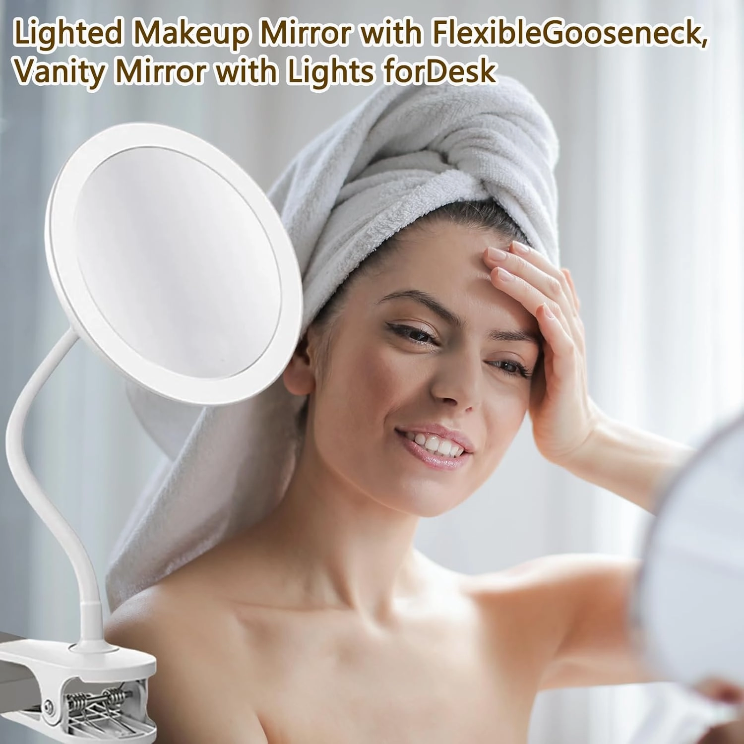 Rechargeable Clip-On Makeup Mirror with Lights – Flexible Gooseneck Vanity Mirror for Desk, Bathroom & Travel – LED Magnifying Mirror with Adjustable Brightness,10X,White