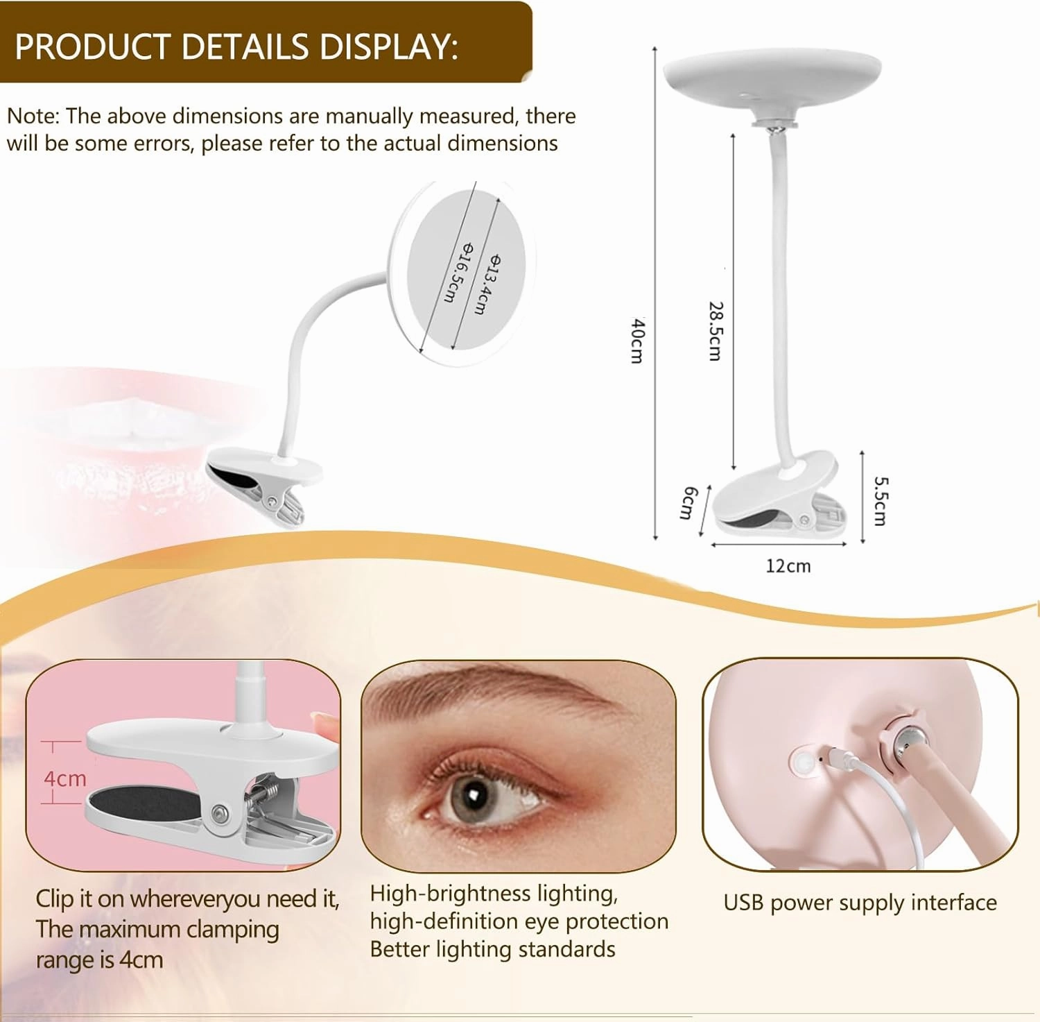 Rechargeable Clip-On Makeup Mirror with Lights – Flexible Gooseneck Vanity Mirror for Desk, Bathroom & Travel – LED Magnifying Mirror with Adjustable Brightness,10X,White