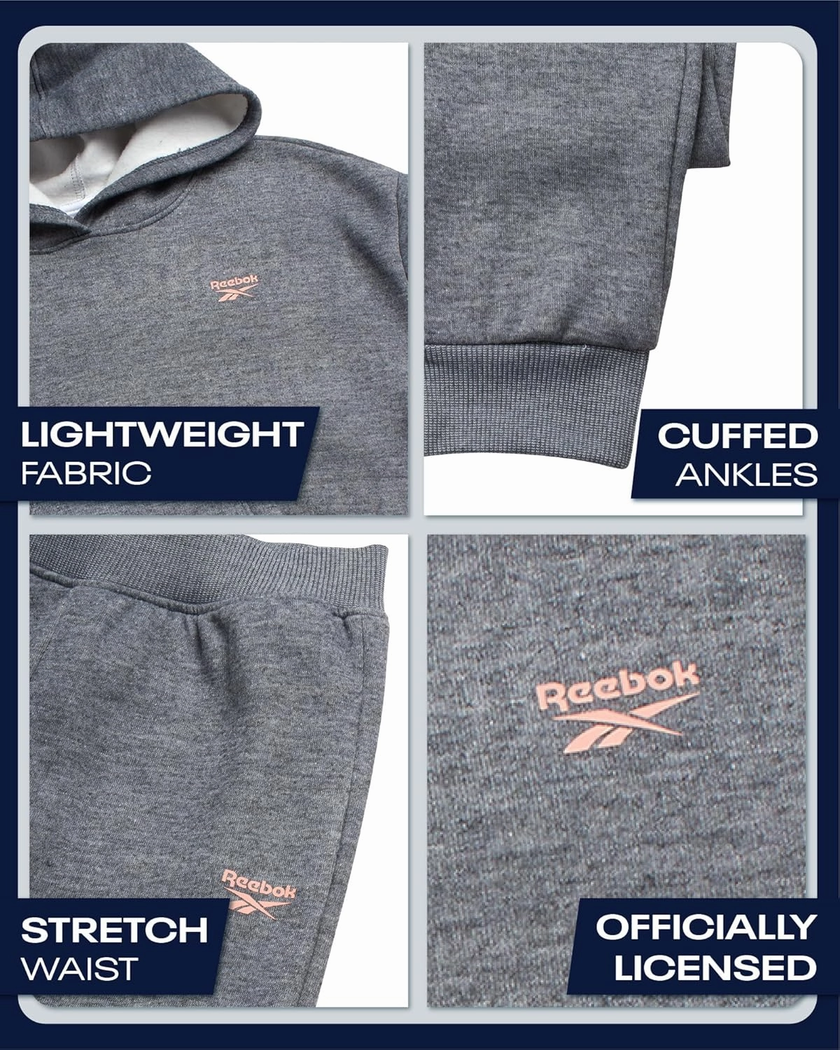 Reebok Girls' Jogger Set - 2 Piece Hoodie Sweatshirt and Sweatpants Sweatsuit (Size: 4-12)