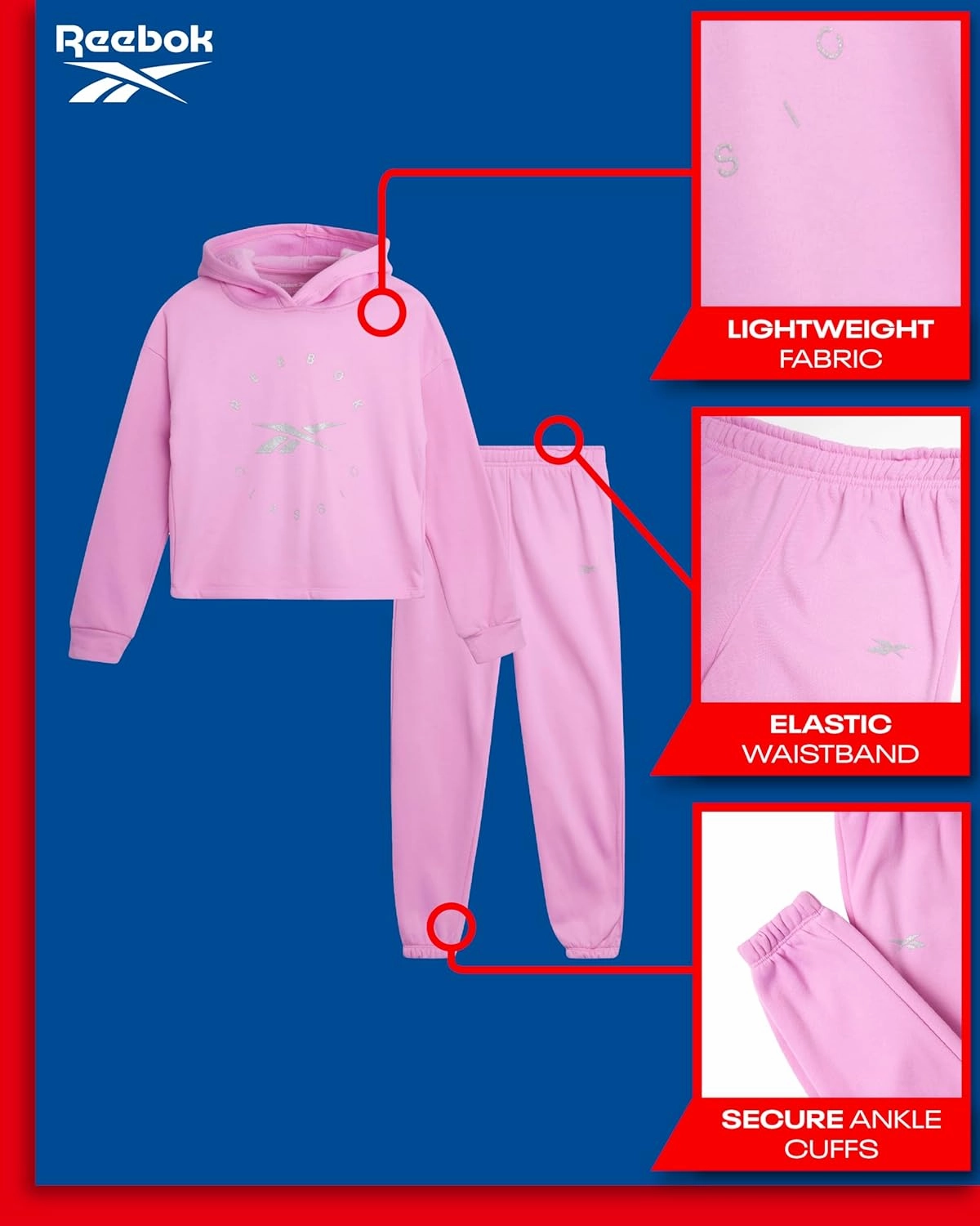 Reebok Girls' Sweatsuit Set - 2 Piece Fleece Hoodie and Jogger Sweatpants (Size: 7-12)