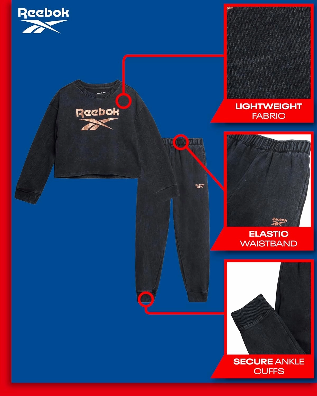 Reebok Girls' Sweatsuit Set - 2 Piece Fleece Hoodie and Jogger Sweatpants (Size: 7-12)