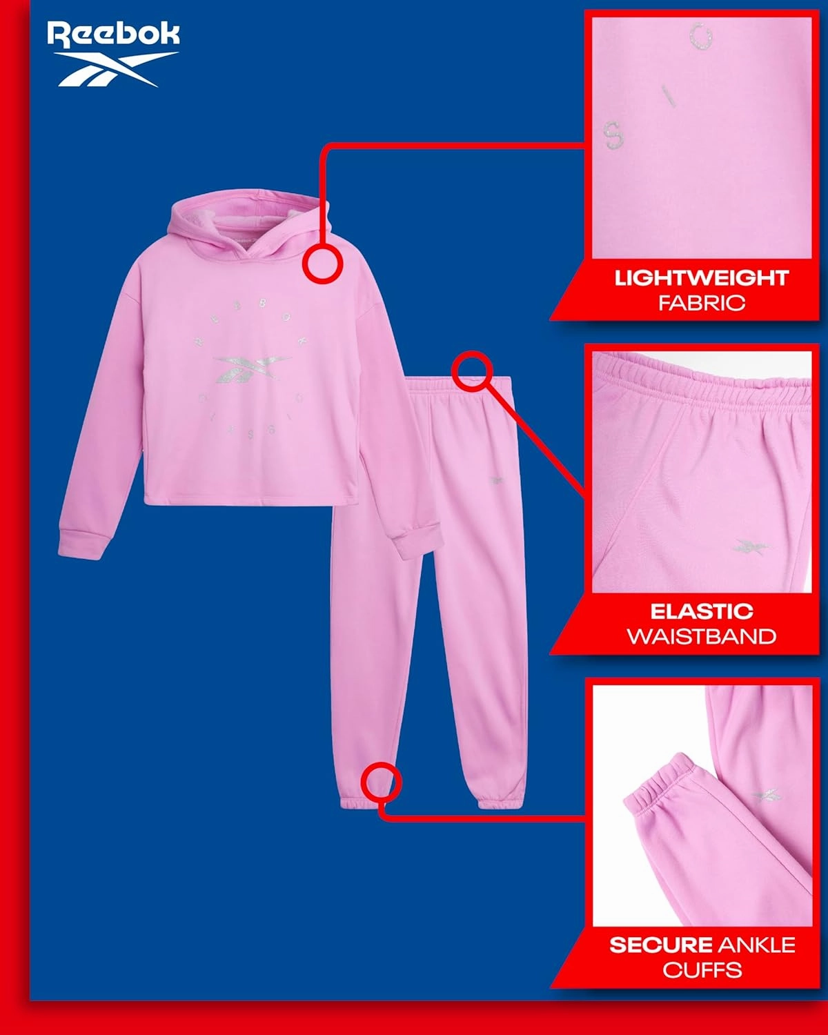 Reebok Girls' Sweatsuit Set - 2 Piece Fleece Hoodie and Jogger Sweatpants (Size: 7-12)