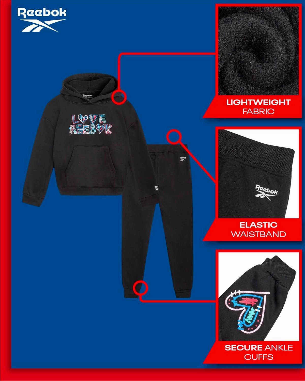 Reebok Girls' Sweatsuit Set - 2 Piece Fleece Hoodie and Jogger Sweatpants (Size: 7-12)