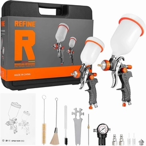 REFINE HVLP Air Gravity Spray Gun Sets, 2-Spray Paint Gun, 1.0mm 100ml & 1.4/1.7mm 600ml Auto Paint Sprayer Gun with Air Regulator for Car Paint, Primer, Topcoat & Touch-Up, Furniture, House Painting.