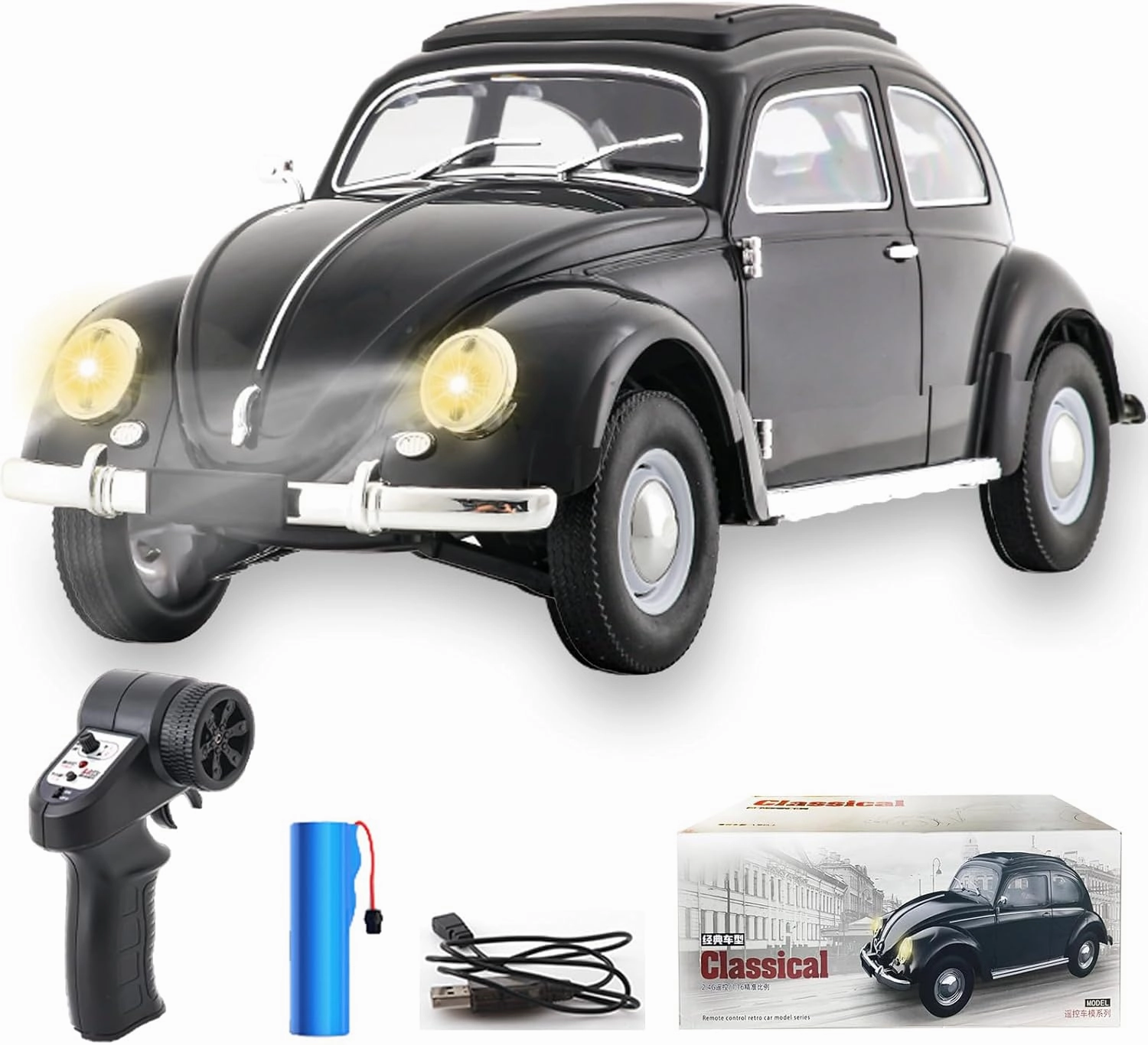 Remote Control Car, 1:16 Scale Classic Beetle 1950 Model Toys Car for Kids, 2.4GHz 4CH RC Car Rear Wheel Drive with LED Ligjhts and Rechargeable Battery, Birthday for Boys Girls