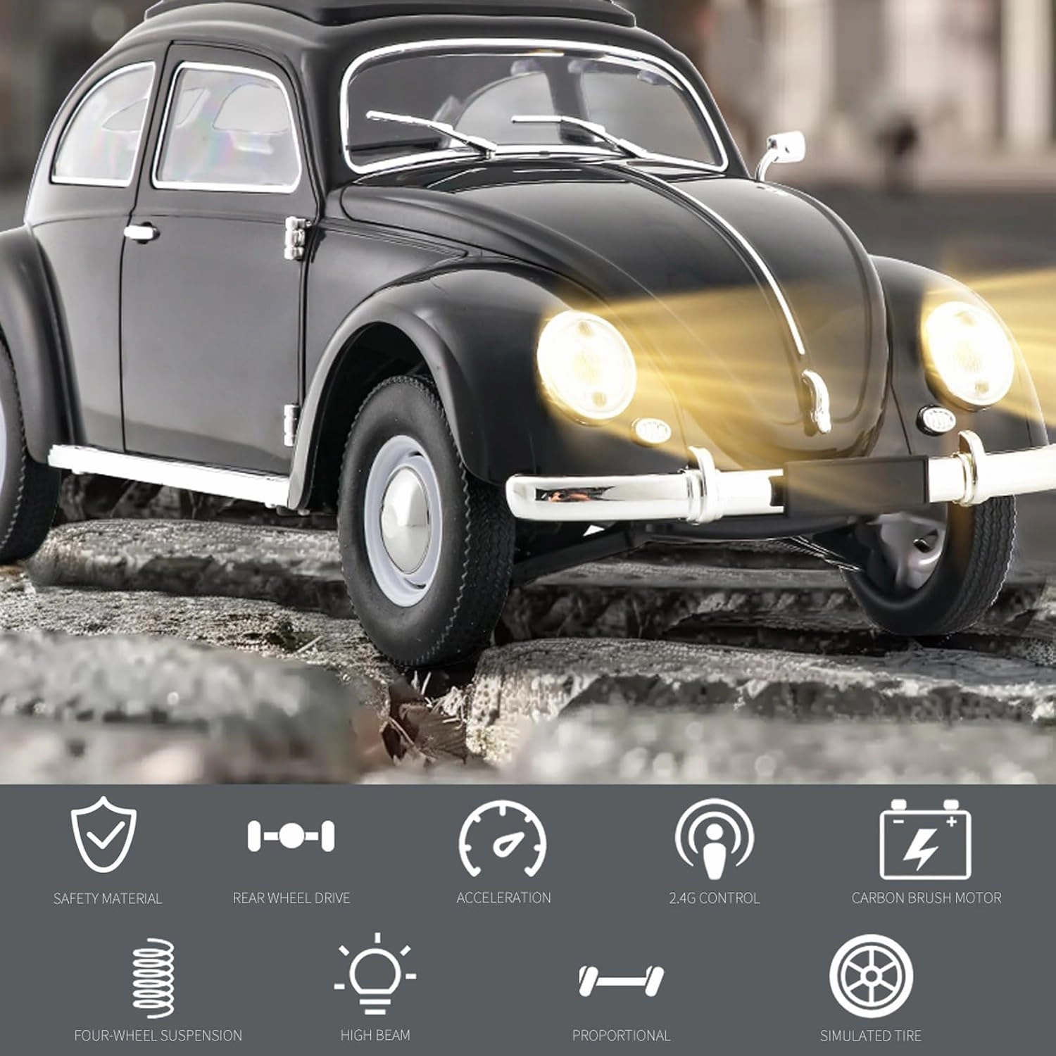 Remote Control Car, 1:16 Scale Classic Beetle 1950 Model Toys Car for Kids, 2.4GHz 4CH RC Car Rear Wheel Drive with LED Ligjhts and Rechargeable Battery, Birthday for Boys Girls